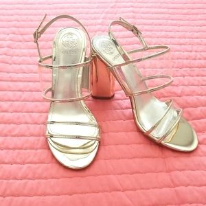 Guess Gold and Clear Open Toe Chunky Heel Sling Back Sandel